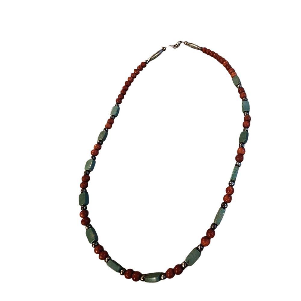 Southwest Red Round Wooden Bead And Green Rectangular Stone Necklace 20"‎ Around
